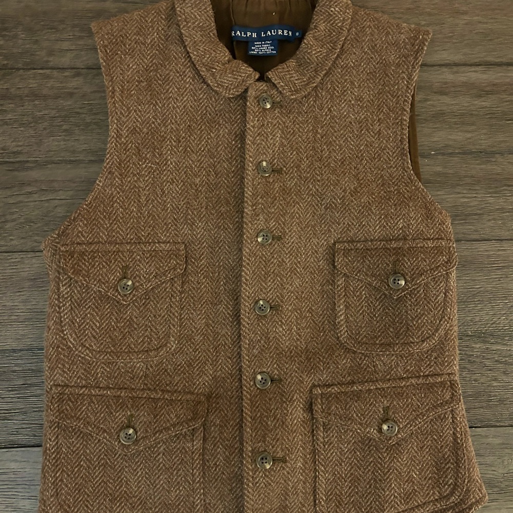 Ralph Lauren Equestrian Vest Green Herringbone Wool Brown